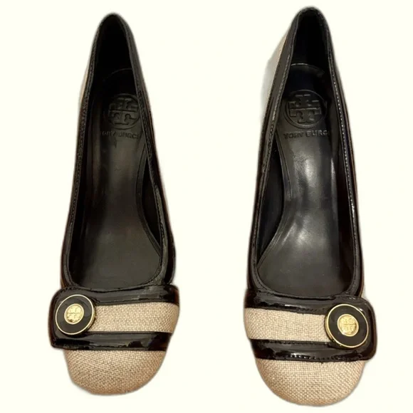 Tory Burch Beige & Black Trim Pumps with Red Block Heel - Picture 3 of 6